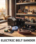 Compact Mini Electric Belt Sander With A Kickass Motor For Handheld Wood Sanding And Fast Metal Polishing Quick Rust Removal And Smooth DIY Finishes Built Like A Rock Solid Workhorse on a wooden workbench.