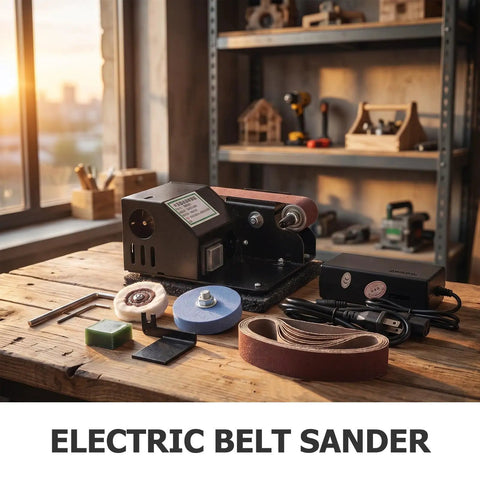 Compact Mini Electric Belt Sander With A Kickass Motor For Handheld Wood Sanding And Fast Metal Polishing Quick Rust Removal And Smooth DIY Finishes Built Like A Rock Solid Workhorse on a wooden workbench.