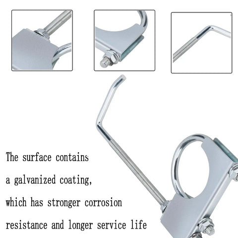 Heavy Duty 3 Inch Exhaust Clamp With Hanger Kit For Car And Truck Universal Exhaust Hanger Set 2 Pack Fits 3 Inch Pipes Rear Muffler Mounts Easy Bolt On Adjustable Length showing galvanized coating.