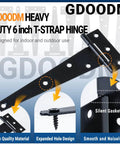 12 Pack 6 Inch T Strap Shed Door Hinges Black Heavy Duty Tee Hinges For Wooden Fences Yard Gates Barn Doors Rustproof Wrought Iron Hardware High Strength One And A Half Millimeter Thickness Supports Over 33 Lbs Each Durable Powder Coat Finish Weather
