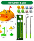 Components of Indoor Putting Green With Automatic Ball Return For Kids Plus Toddler Golf Clubs Light Up Balls Party Game