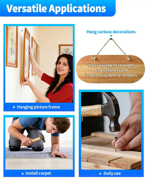 Woman hanging picture frame using Heavy Duty Black Upholstery Tacks 1 Inch Bulk Furniture Hardware For Fast Home Repairs Strong Steel Pins.