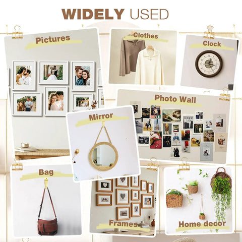 Image showing various uses of the Killer 322 Piece Picture Hanging Hardware Kit With Heavy Duty Wall Mount Anchors.