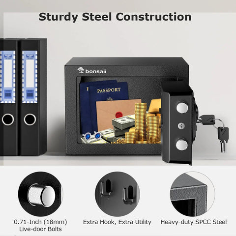 Rock Solid Heavy Duty Electronic Keypad Security Safe Box Compact Lockbox For Valuables, showing contents like cash and passports.