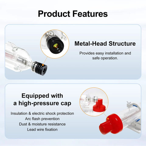 Product features of Rock Solid 100W Co2 Laser Tube With Brushed Copper Ends And Borosilicate Glass, showing metal head and high-pressure cap.