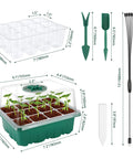 Seed Starter Tray Kit With Grow Lights And Humidity Dome 72 Cell Indoor Garden Germination Trays Smart Controller For Seedlings And Starter Plants shown with dimensions and tools