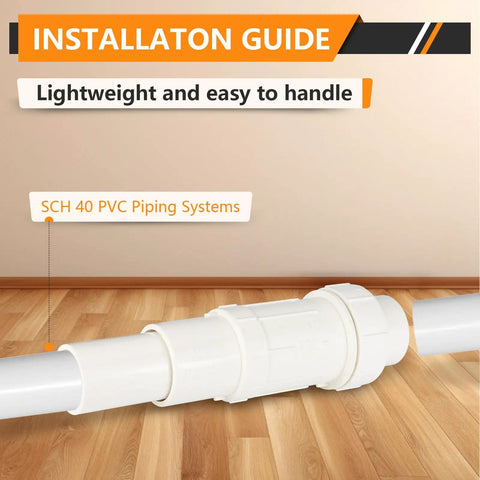 Installation guide for SCH 40 PVC piping systems showing lightweight and easy to handle couplings.