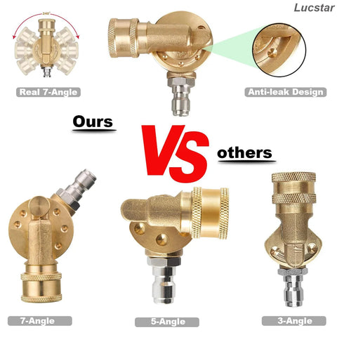 Brass radiator cleaning wand adapter with quick-connect pivoting coupler and 7-angle nozzle tips for pressure washer