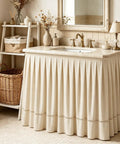 Peel And Stick Under Sink Skirt Cover In Crisp White Pleated Cotton Conceals Messy Pipes And Plumbing, soft cotton skirt draped over sink.