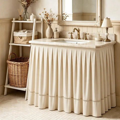 Peel And Stick Under Sink Skirt Cover In Crisp White Pleated Cotton Conceals Messy Pipes And Plumbing, soft cotton skirt draped over sink.