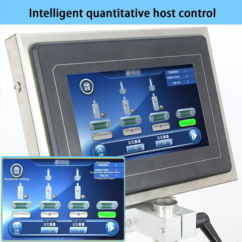 Compact Automatic Liquid Filling Machine With Conveyor Belt And Smart Dual Nozzles For Smooth Bottling Perfumes Spirits Cooking Oil No Sweat Digital Calibration screen display showing digital control interface.