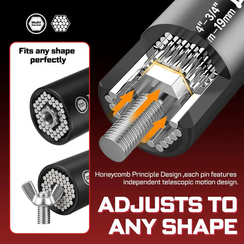 Heavy Duty Universal Socket Set With SAE And Metric Sockets, close-up view showing adjustable socket design with pins.