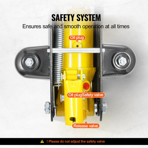 Low Profile 2 Ton Floor Jack For Cars Heavy Duty Iron Hydraulic Car Jack With Quick Lift Pump 4.9 To 13.2 Inch Lift Range Single Piston Yellow Finish safety system close-up