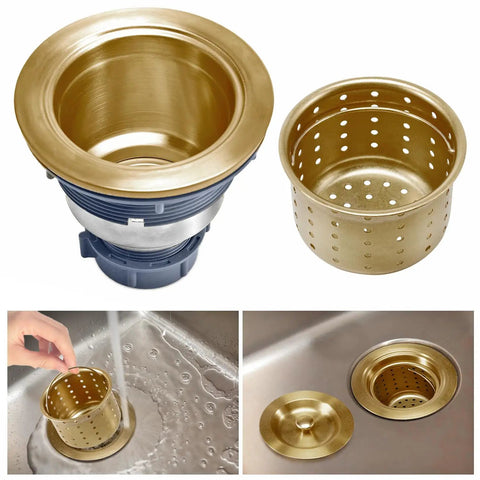 Top view of Three And One Half Inch Brass Kitchen Sink Drain Kit With Stainless Steel Construction Includes Strainer Basket Waste Basket Strainer Assembly And Sealing Lid For Standard Openings From Three Point Two Three To Four Point Four Five Inches, featuring brass and stainless steel components, shown with running water and assembled set.