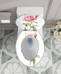 Elongated Toilet Seat White Resin for Bathroom with floral design, top view showcasing roses and adjustable hinges.