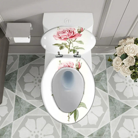 Elongated Toilet Seat White Resin for Bathroom with floral design, top view showcasing roses and adjustable hinges.