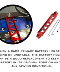 Heavy Duty Aluminum Alloy Car Battery Hold Down Bracket on blue battery with mounting hardware, red triangular frame design.
