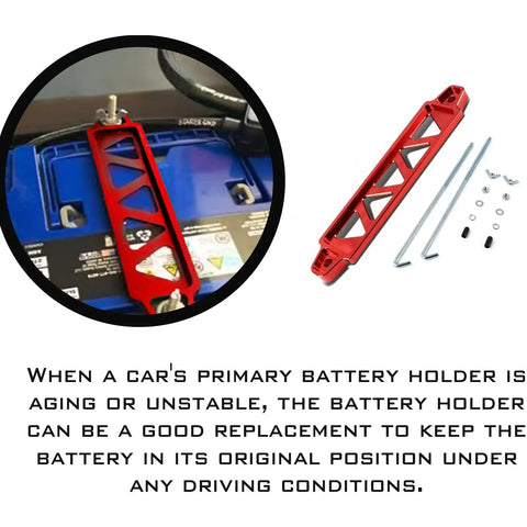 Heavy Duty Aluminum Alloy Car Battery Hold Down Bracket on blue battery with mounting hardware, red triangular frame design.