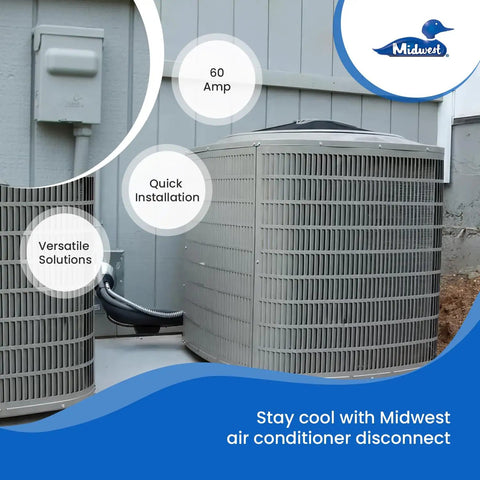 Weatherproof Non-Fusible AC Disconnect Switch 60A 240V 1-Phase Metal Enclosure N3R Outdoor Grade mounted near AC unit.