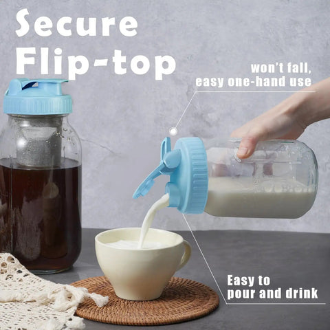 Wide Mouth Mason Jar Pour Spout Lids Flip Cap Set Sip Ready Airtight Leak Proof Top Lids For Drinking Dressing Salads Fits Ball And Most Wide Mouth Jars Colorful Pack Of 4 on wide-mouth glass jar, blue flip cap pouring milk