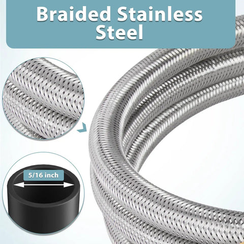 Close-up of braided stainless steel hose showing texture with 5/16 inch detail for Six Foot Stainless Steel Braided Propane Regulator With Hose For Blackstone 28 And 36 Inch Griddles Weber Grills Patio Heaters And Fire Pits The Go To Universal Gas Grill Regulator Replacement Part.