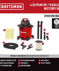 9 Gallon Wet Dry Vac With 4 Point 25 Peak HP, Portable Shop Vacuum with accessories, filter, dust bag, and attachments displayed.