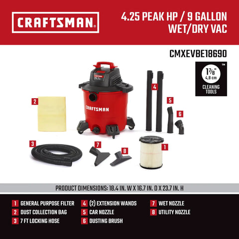 9 Gallon Wet Dry Vac With 4 Point 25 Peak HP, Portable Shop Vacuum with accessories, filter, dust bag, and attachments displayed.