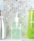 Rock Solid Compact Handheld Label Printer Featuring Bold Fonts And Live Graphical Display for labeling bottles of lotion, hand sanitizer, and dish soap.