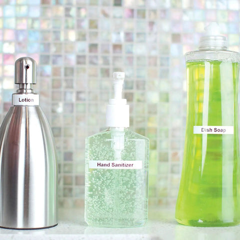 Rock Solid Compact Handheld Label Printer Featuring Bold Fonts And Live Graphical Display for labeling bottles of lotion, hand sanitizer, and dish soap.