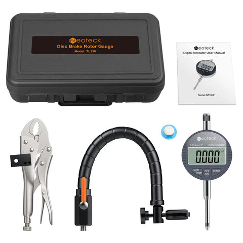 Pro Grade Disc Brake Rotor Gauge Dial Indicator With 1 Inch And 0.0005 Inch Digital Runout Ball Joint Runout Tool 360 Degree Flexible Arm Tight Grip Locking Vise in a case