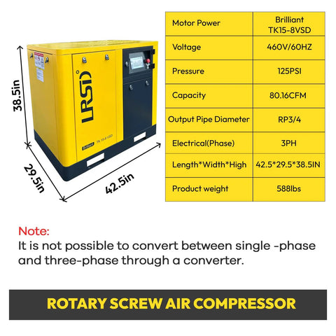 Lrsd 20HP Variable Speed Rotary Screw Air Compressor Delivers 80 CFM @ 125 PSI On 460V 3 Phase Power. This UL And ASME Certified Industrial Machine Features An Energy Saving Motor With Smart Touchscreen Controller For Optimal Performance And Reliability