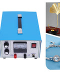 500W 50A Jewelry Welder Kit With Spot Welding Machine, 110V Foot Pedal showcased with jewelry and sculptures, blue box