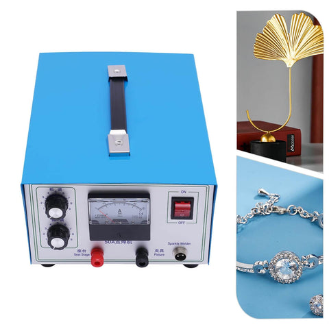500W 50A Jewelry Welder Kit With Spot Welding Machine, 110V Foot Pedal showcased with jewelry and sculptures, blue box