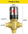 brass thermostatic mixing valve with 1/2 inch NPT thread and adjustable temperature control, shown with dimensions