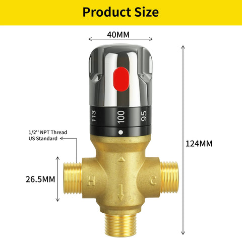 brass thermostatic mixing valve with 1/2 inch NPT thread and adjustable temperature control, shown with dimensions