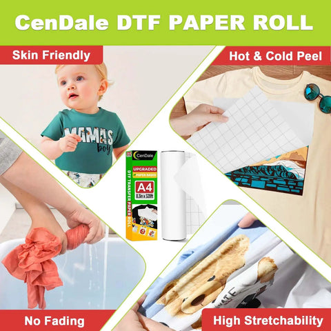 Upgraded DTF Paper Roll 8.3 By 328 Feet For Dark And Light T Shirts, showing grid backing and use on various fabrics.