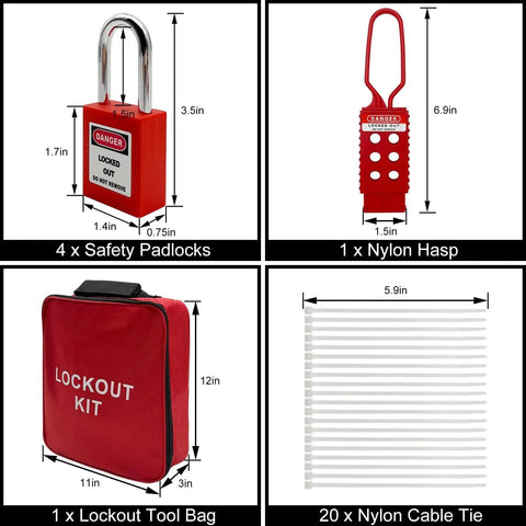 Pro Grade LOTO Lockout Kit For Electrical Systems With Clamp On Universal Multi Pole Breaker Lockout Tags Hasps And Pocket Bag Heavy Duty Nylon Pouch OSHA Compliant Safety Set For Group Lockouts Bigger Red Kit showing padlocks, hasp, tool bag, and cable ties.
