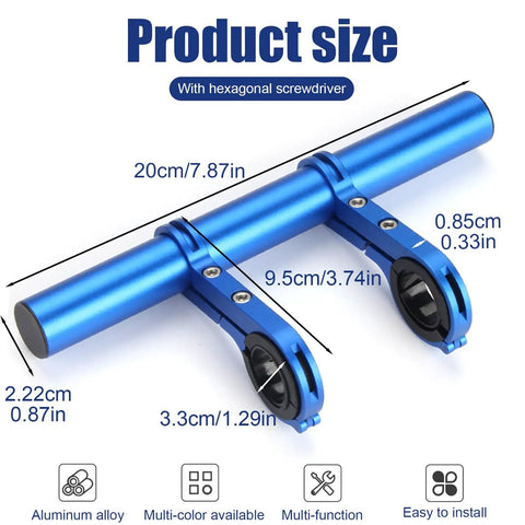20cm Bike Handlebar Extension Frame With Double Clamp Bracket made of blue pro grade lightweight aluminum alloy
