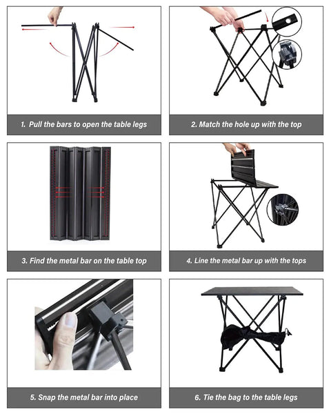 Foldable Aluminum Camping Table, Portable Side Desk for Beach, Hiking, Picnics, and BBQ Cooking assembly steps