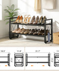Expandable Two Tier Metal Shoe Rack Organizer For Entryway And Closet, adjustable from 18.6 to 30.5 inches, shown with shoes and hooks.