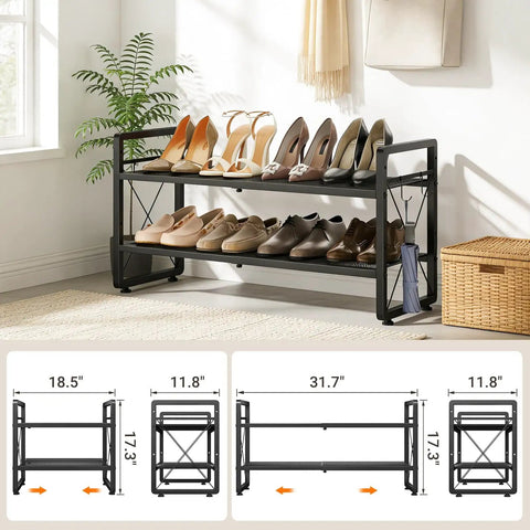Expandable Two Tier Metal Shoe Rack Organizer For Entryway And Closet, adjustable from 18.6 to 30.5 inches, shown with shoes and hooks.