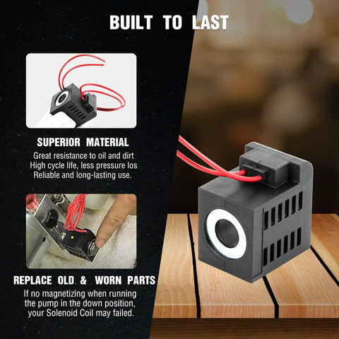 12V DC 22W Solenoid Coil Replacement with dual wire leads, shown with durability feature and installation example.