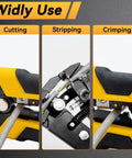 Self Adjusting 3 In 1 Wire Stripper Cutter And Crimp Tool For 10 24 AWG Electrical Cables showing cutting, stripping, and crimping features