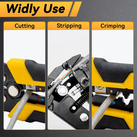 Self Adjusting 3 In 1 Wire Stripper Cutter And Crimp Tool For 10 24 AWG Electrical Cables showing cutting, stripping, and crimping features