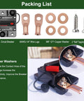 Packing list for Badass 50 Amp Circuit Breaker featuring manual reset, waterproof inline design and copper components.