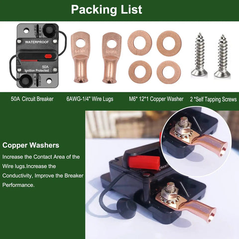 Packing list for Badass 50 Amp Circuit Breaker featuring manual reset, waterproof inline design and copper components.
