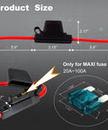 Badass Heavy-Duty Inline Blade Maxi Fuse Holder Kit With Flip-Up Cover Includes 6 AWG Red Wire and Assorted 50A 60A 80A Fuses dimensions and features with detailed measurements