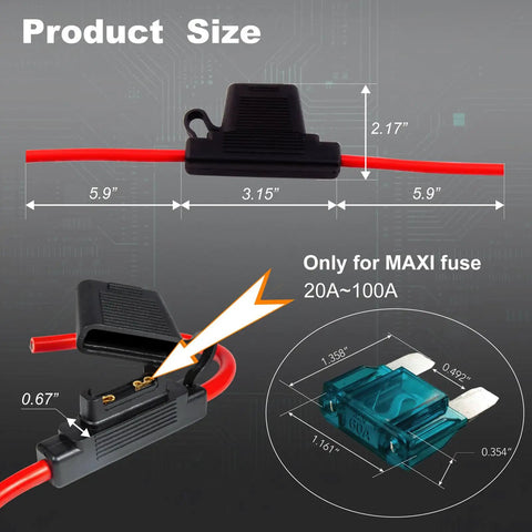 Badass Heavy-Duty Inline Blade Maxi Fuse Holder Kit With Flip-Up Cover Includes 6 AWG Red Wire and Assorted 50A 60A 80A Fuses dimensions and features with detailed measurements