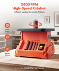 Heavy Hitter Benchtop Oscillating Spindle Sander With 2400 RPM Drive and Six Quick Change Sleeves for dang smooth wood finishing.  Close-up view of sander with interchangeable sleeves on a workbench.