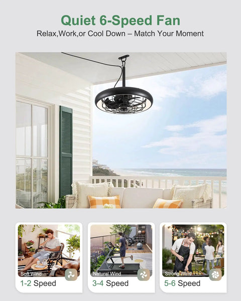 20 Inch Outdoor Ceiling Fan With Lights RGB And 3 CCT Dimmable Remote App Control 6 Speed IP65 Waterproof Plug In Black Caged